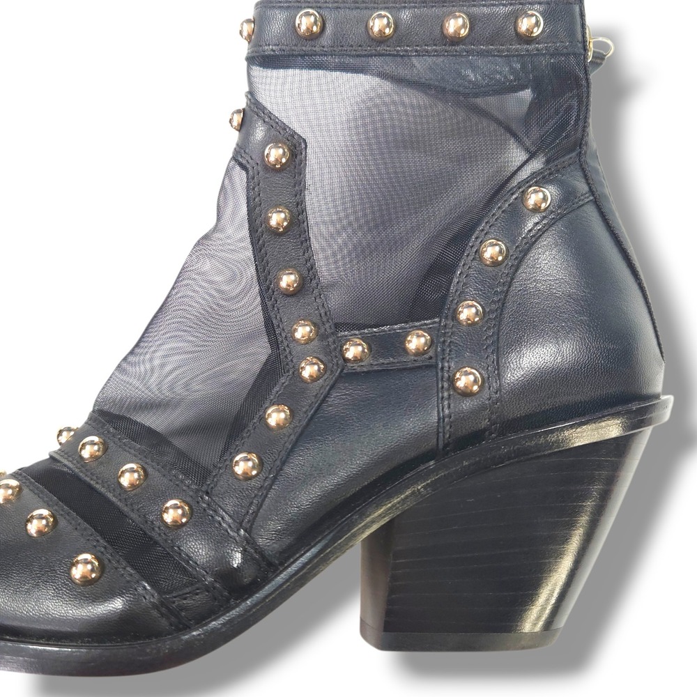 AGL Studded Mesh Ankle Boots Pointed Toe Block Heel Black Leather Bootie 37 6.5 - Picture 8 of 11